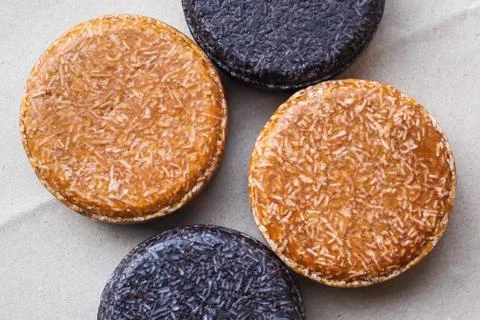 Colorful round solid shampoo bars, zero waste Stock Photos