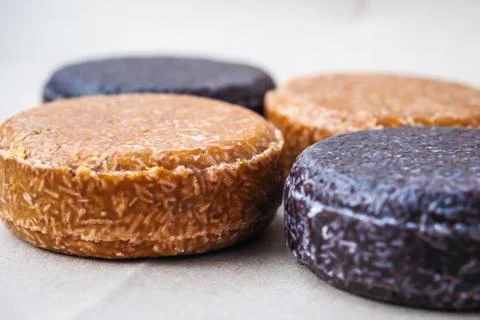 Colorful round solid shampoo bars, zero waste Stock Photos