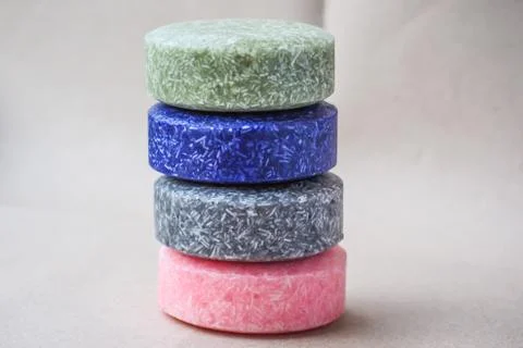 Colorful round solid shampoo bars, zero waste Stock Photos