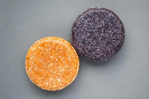 Colorful round solid shampoo bars, zero waste Stock Photos