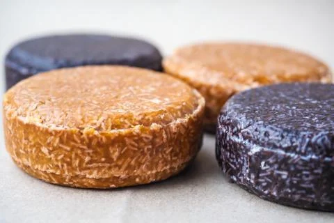 Colorful round solid shampoo bars, zero waste Stock Photos
