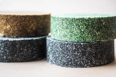 Colorful round solid shampoo bars, zero waste Stock Photos