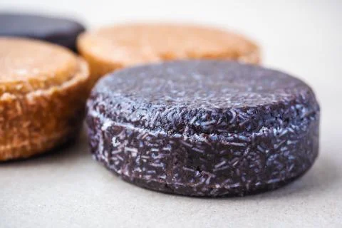 Colorful round solid shampoo bars, zero waste Stock Photos