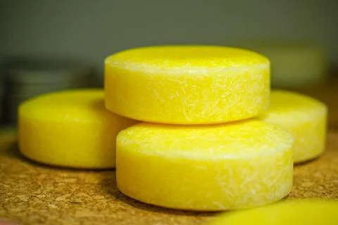 Colorful round solid shampoo bars, zero waste Stock Photos