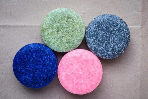 Colorful round solid shampoo bars, zero waste Stock Photos