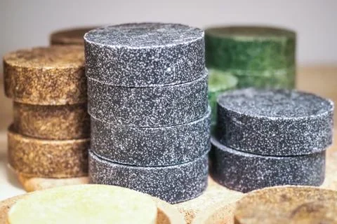 Colorful round solid shampoo bars, zero waste Stock Photos