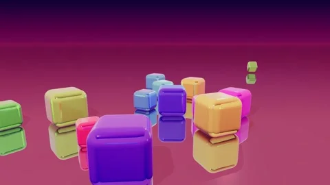 Colorful rounded cubes falling on a reflective surface Stock Footage 340664460