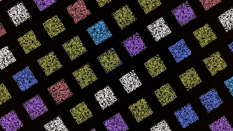 Colorful rows of small QR codes flowing one by one isolated on black background Stock Footage 156866330