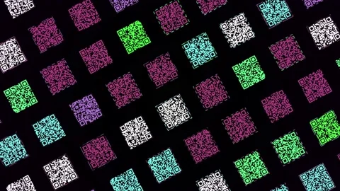 Colorful rows of small QR codes flowing one by one isolated on black background Stock Footage 156965957