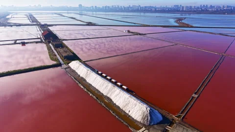 Colorful salt flats create a vibrant landscape under a clear sky near the city Video stock 336521345