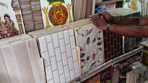 Colorful samples of a stone tile in store. Marble and granite flooring is Stock Footage 270206344