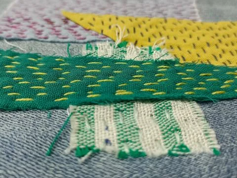 Colorful sashiko patchwork textile close up.  Photos
