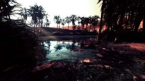 Colorful scene with a palm tree over a small pond in a desert oasis Ilustração Stock