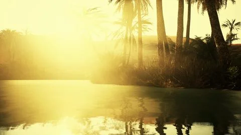 Colorful scene with a palm tree over a small pond in a desert oasis Ilustração Stock