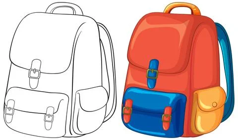 Colorful School Backpack and Black and White Outline Vector Illustration Illustrazione stock
