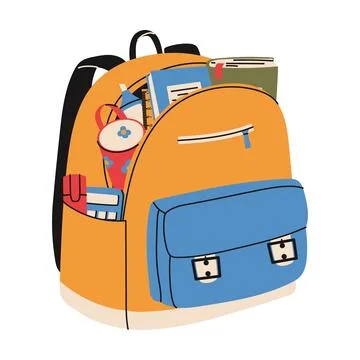 Colorful school backpack. Pencil case, books, marker, ruler. Back to school.. Stock Illustration