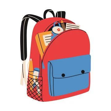 Colorful school bag. Backpack with study supplies. Pencil case, books, mark.. Stock Illustration