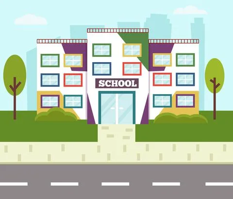 Colorful school building. Flat vector illustration cartoon style Ilustración de archivo