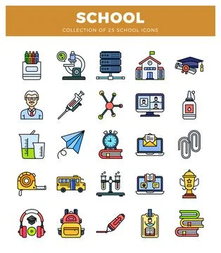 A colorful school icons representing learning and education. Stock Illustration