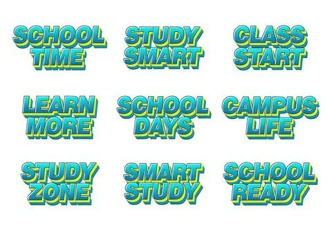 Colorful school theme text with words like class, study, learn Ilustração Stock