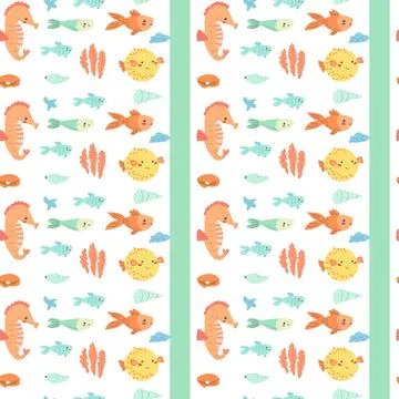 Colorful sea creatures pattern with fish, seahorses, and shells on a light Illustrazione stock