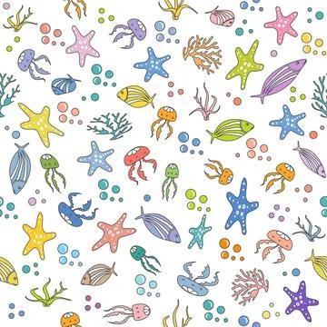 Colorful sea creatures pattern with starfish, fish, jellyfish, and corals o.. Illustrazione stock