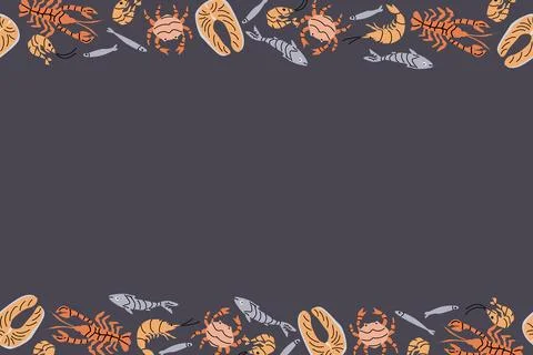 Colorful seafood pattern with fish, lobsters, crabs, shrimps, and lemon slices Stock Illustration