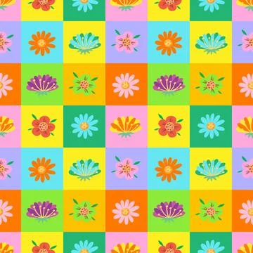 Colorful Seamless Checkerboard Pattern with Hand Drawn Floral Illustrations Stock Illustration