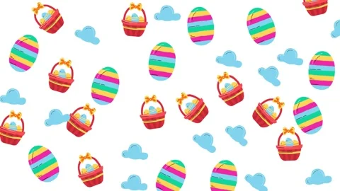 Colorful Seamless Easter Pattern with Striped Eggs Baskets and Clouds on White Stock Footage 345539302