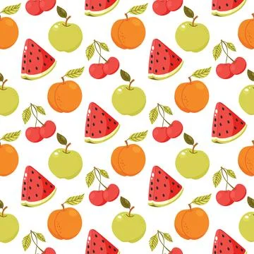 Colorful seamless fruit pattern with watermelon apple cherry apricot elements イラスト素材