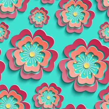 Colorful seamless pattern with 3d stylized sakura Stock Illustration