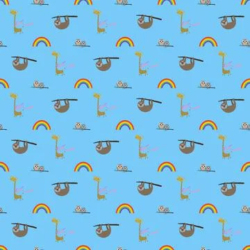 Colorful seamless pattern background for children with sloth, owls, giraffe and Stock-Illustration