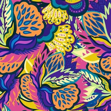 Colorful seamless pattern with bright psychedelic abstract elements. Vector Stock Illustration