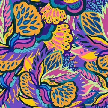 Colorful seamless pattern with bright psychedelic abstract elements. Vector Illustrazione stock