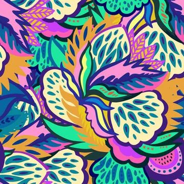 Colorful seamless pattern with bright psychedelic abstract elements. Vector Stock Illustration