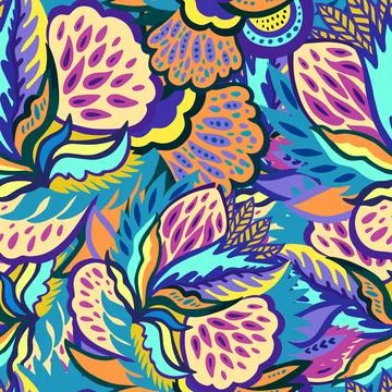 Colorful seamless pattern with bright psychedelic abstract elements. Vector Stock Illustration