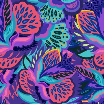 Colorful seamless pattern with bright psychedelic abstract elements. Vector Illustrazione stock