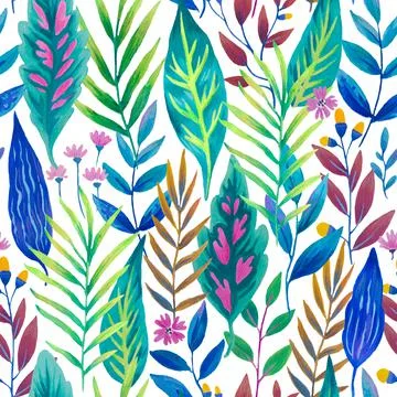 Colorful seamless pattern with bright tropical leaves and flowers. Hand drawn Stock Illustration