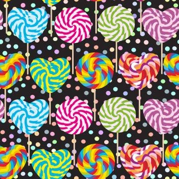 Colorful seamless pattern, candy lollipops, spiral candy cane. Candy on stick 스톡 일러스트