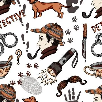 Colorful seamless pattern with cartoon detective and crime investigation symbols Stock Illustration