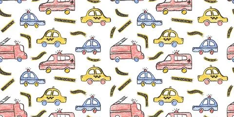 Colorful seamless pattern of crayon drawn vehicles: police, taxi, ambulance car Stock Illustration