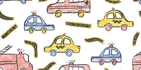 Colorful seamless pattern of crayon drawn vehicles: police, taxi car, ambulance Stock Illustration