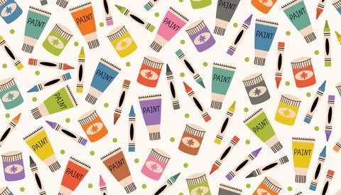 Colorful seamless pattern with crayons, gouache, oil paints, and scattered do イラスト素材