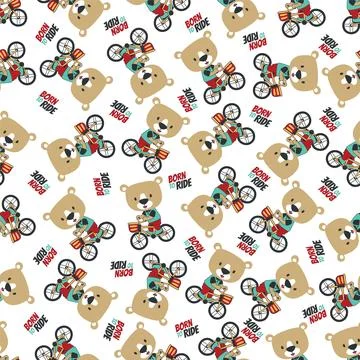 Colorful seamless pattern with cute cartoon bear riding bicycle . Stock Illustration