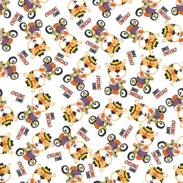 Colorful seamless pattern with cute cartoon tiger riding bicycle . Stock Illustration