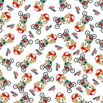 Colorful seamless pattern with cute cartoon teddy bear riding bicycle . Stock Illustration