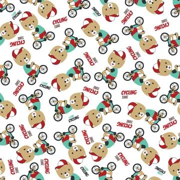 Colorful seamless pattern with cute cartoon bear riding bicycle . Stock Illustration