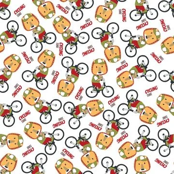Colorful seamless pattern with cute cartoon lion riding bicycle . Stock Illustration