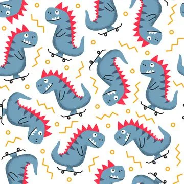 Colorful seamless pattern with cute dinosaur on skateboard 스톡 일러스트