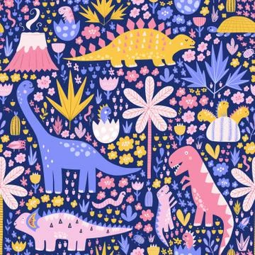 Colorful seamless pattern with cute dinosaurs, palms, and cactuses. Baby dinos Stock Illustration